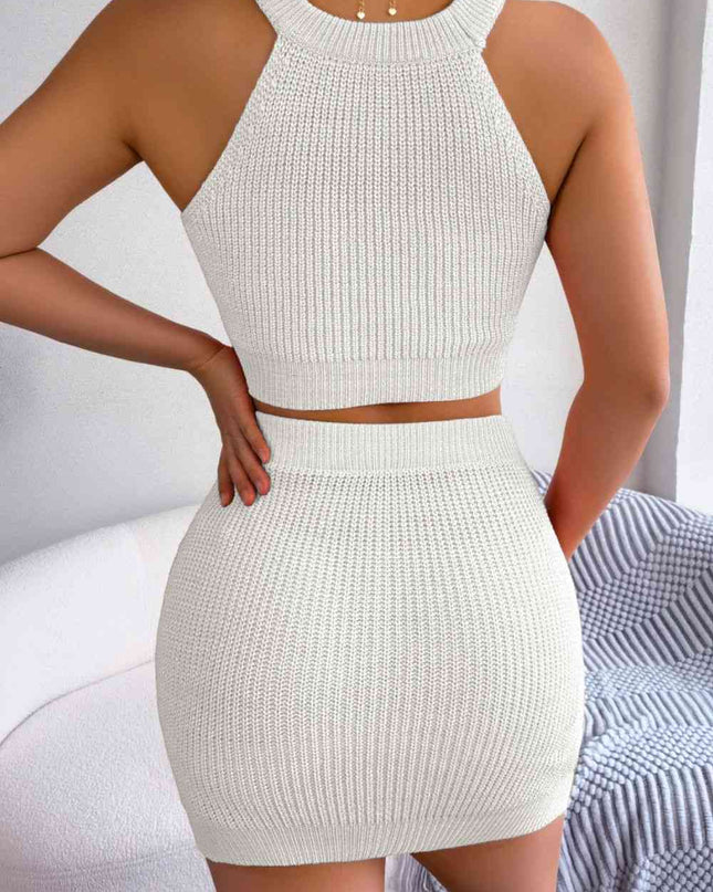 Heart Contrast Ribbed Sleeveless Knit Top and Skirt Set