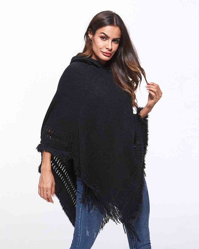 Openwork Fringe Hem Hooded Poncho