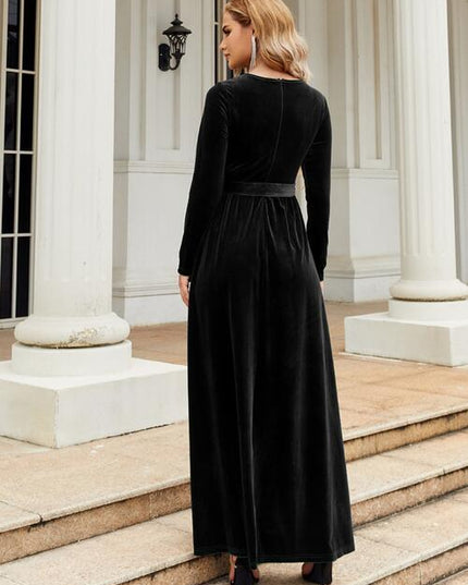 Tie Front Round Neck Long Sleeve Maxi Dress