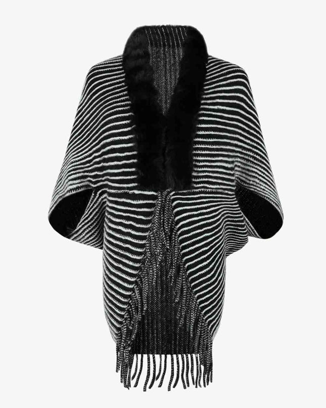 Striped Open Front Fringe Poncho