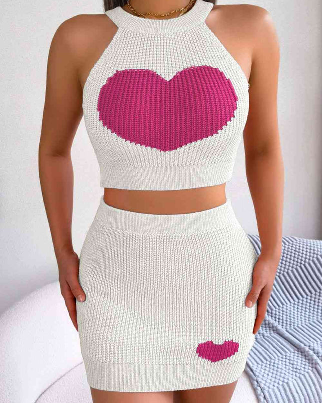 Heart Contrast Ribbed Sleeveless Knit Top and Skirt Set