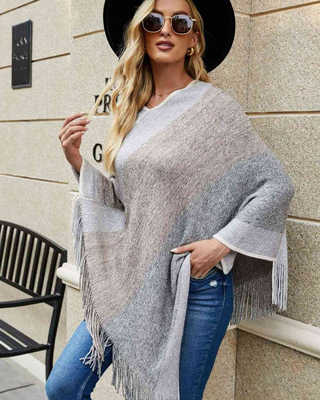 Color Block Fringe Hem Poncho