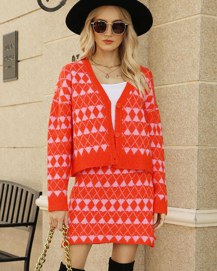 Geometric Button Front Cardigan and Skirt Set