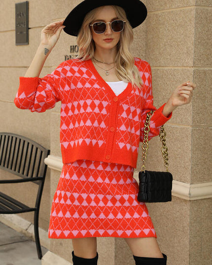 Geometric Button Front Cardigan and Skirt Set