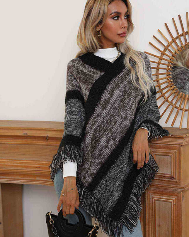 V-Neck Poncho with Fringes