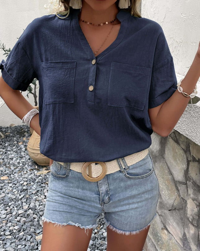 Buttoned Notched Neck Cuffed Sleeve Blouse