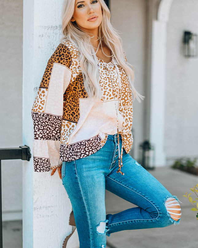Leopard Patchwork Tied Flare Sleeve Blouse
