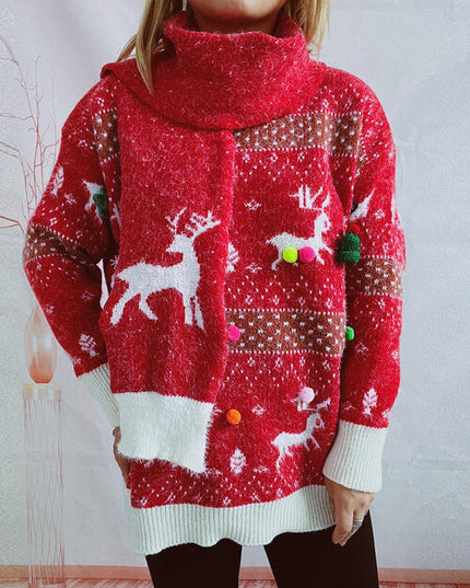 Christmas Element Round Neck Sweater and Scarf Set