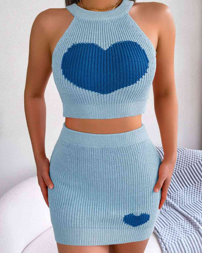 Heart Contrast Ribbed Sleeveless Knit Top and Skirt Set